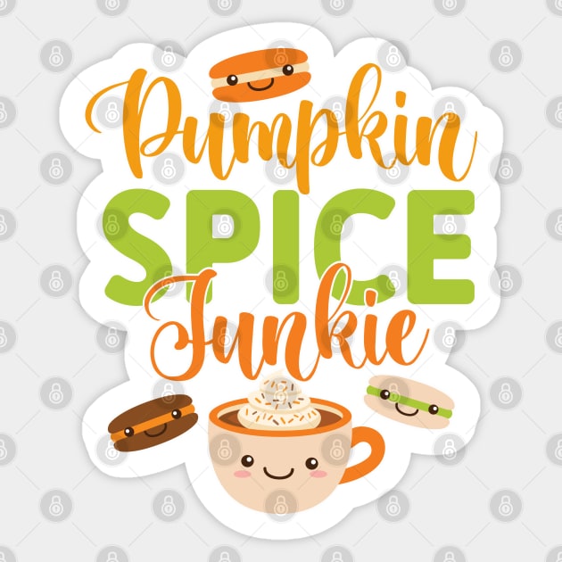 Pumpkin Spice Junkie, Pumpkin Spice Latte and Macarons Sticker by Just a Cute World